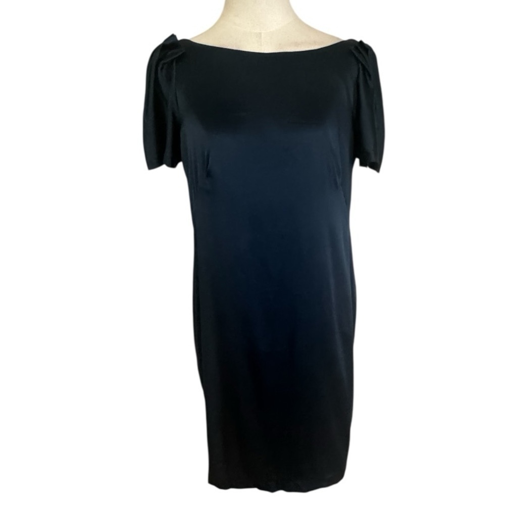 Suzi Chin for Maggy Boutique Pleated Puff Sleeve Sheath Mini Dress Blue Silk 6